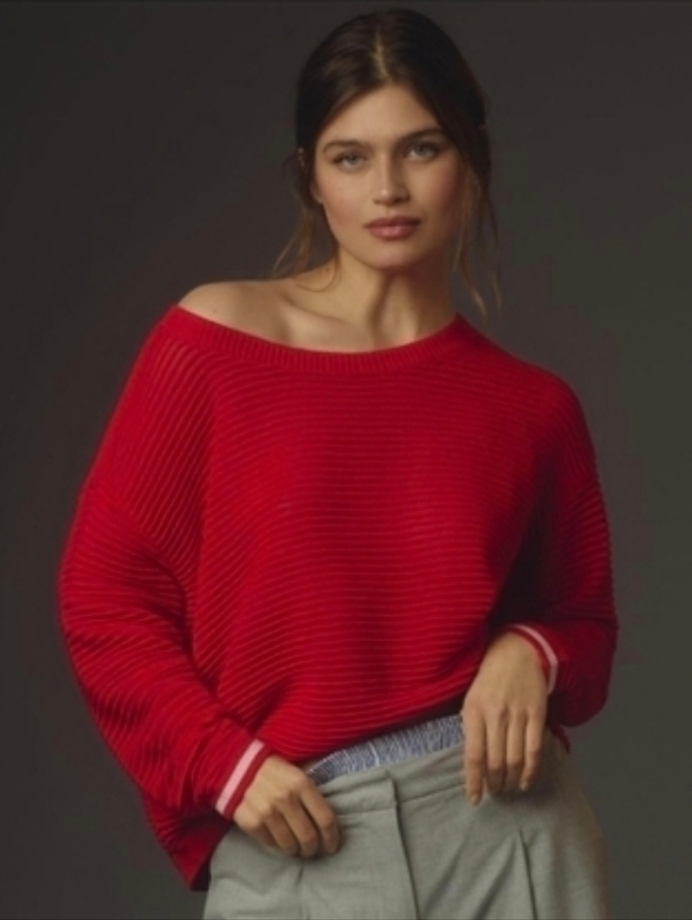 DAILY PRACTICE Anthropolopgie Off-Shoulder Ribbed Sweater Red Open Back Sz LARGE
